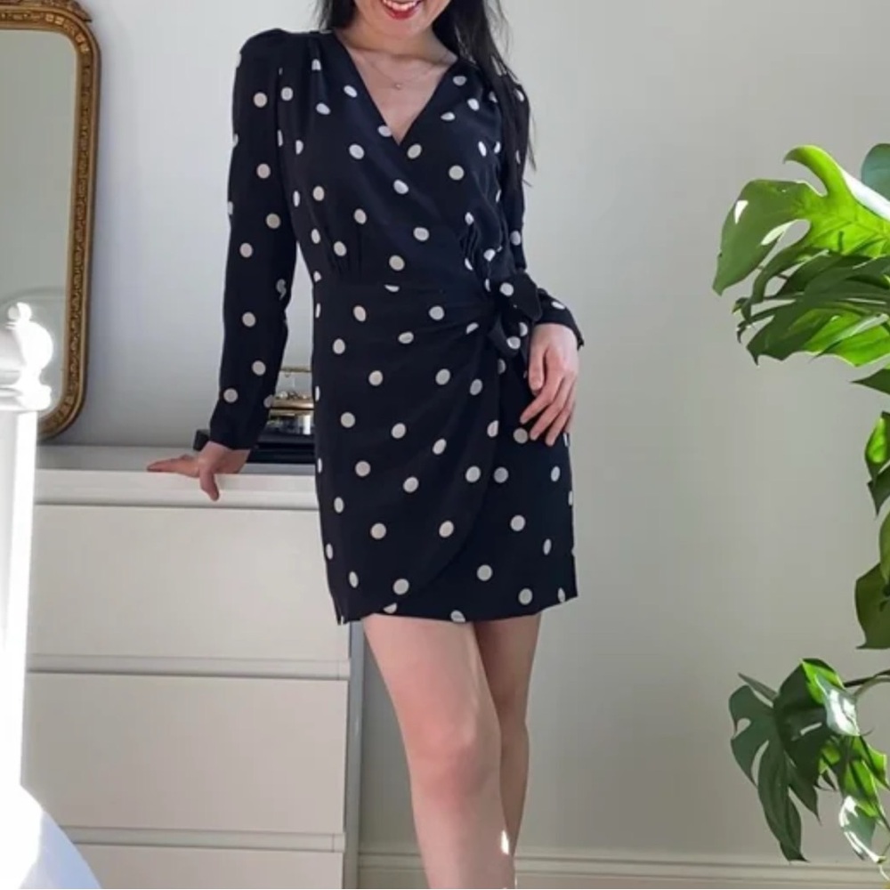 SEZANE Black & White Silk Polka Dot Long Sleeve V Neck Mini Wrap Dress - Picture 11 of 16